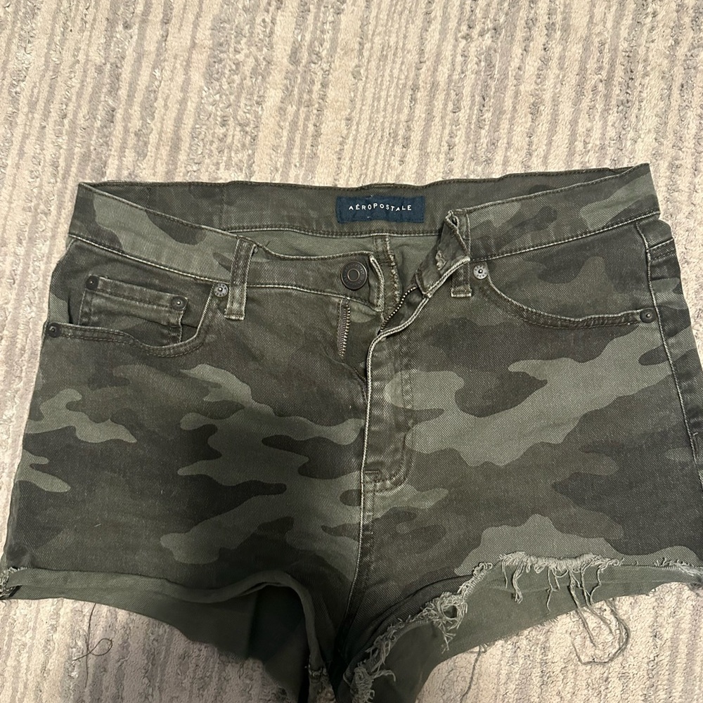 Aeropostale Women’s Olive Camo Distressed Denim Shorts